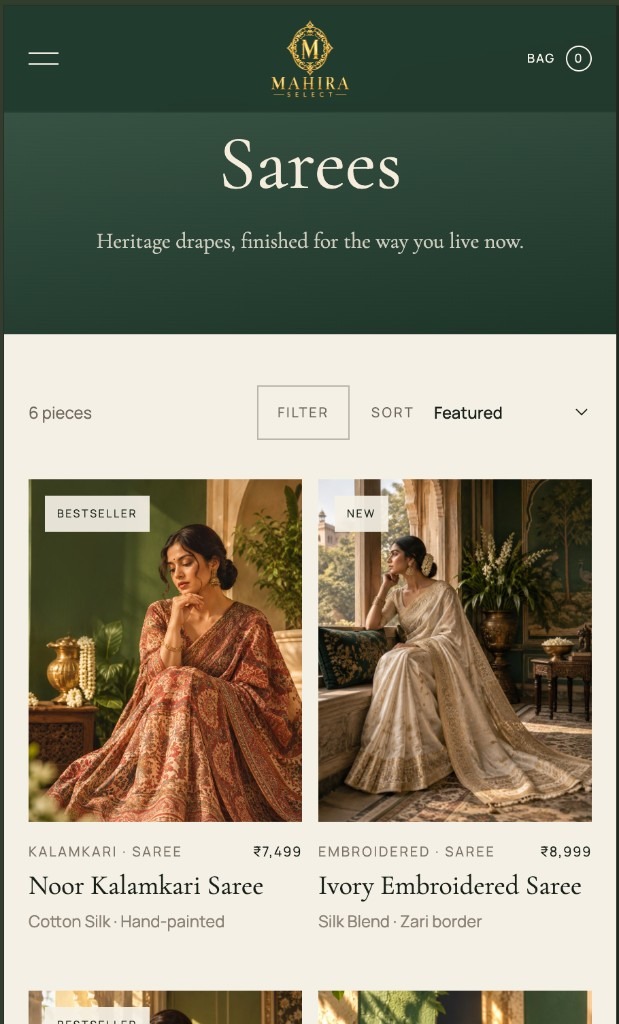Mahira collection page on mobile